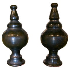 Spanish Pair of Black Glazed Ceramic Finials