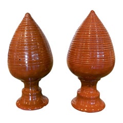 Pair of Brown Glazed Ceramic Finials with Pineapple Shape