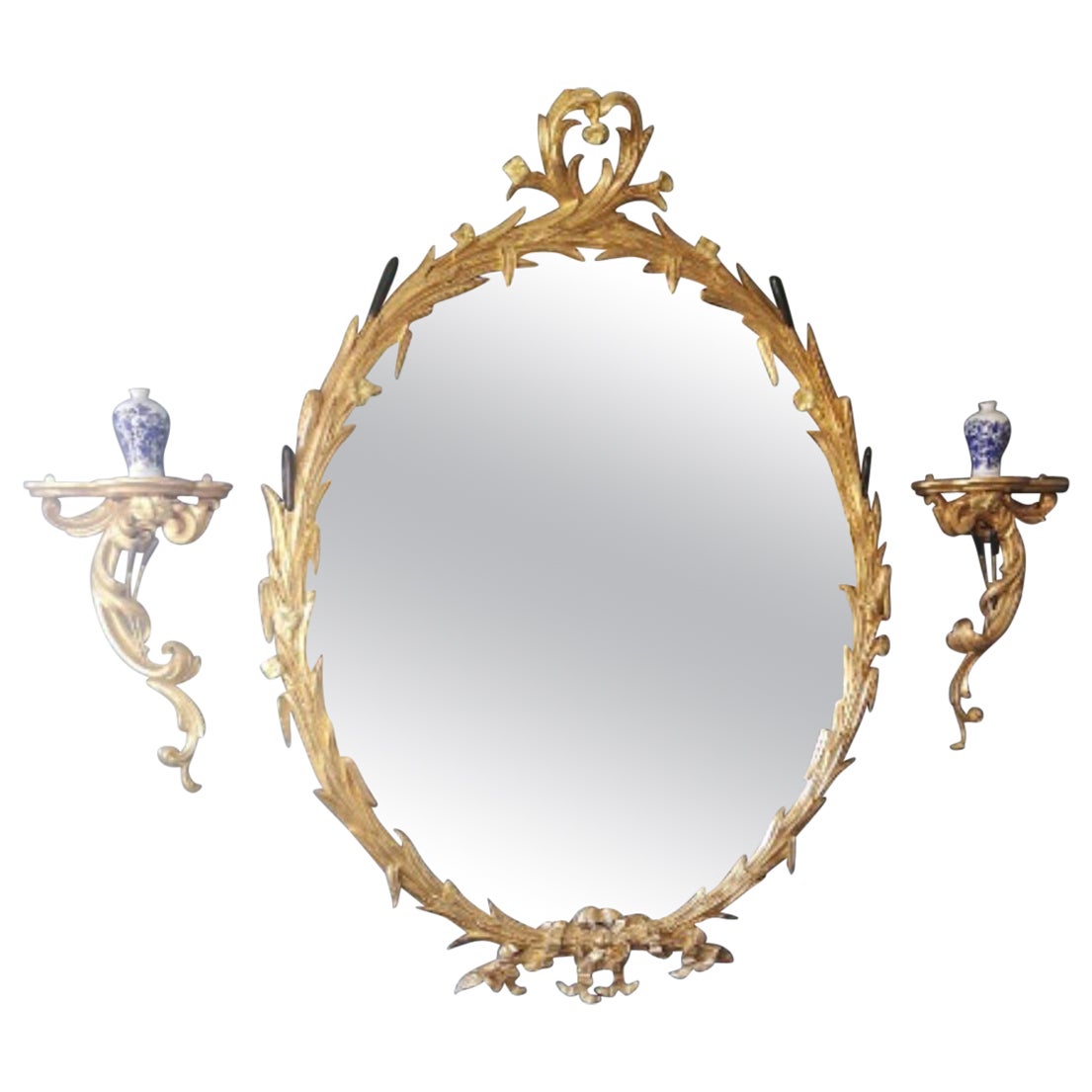 Large Oval Wall Mirror and Rococo Wall Brackets For Sale