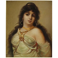 Antique Oil Painting Portrait of Exotic Woman by Eduardo Tojetti