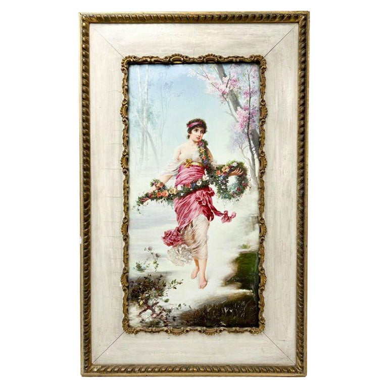 German Vienna Hand Painted Porcelain Plaque Flora in Period Viennese Frame For Sale