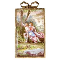 Used Continental Hand Painted Enamel Plaque in 14k Gold Pendant Frame, C. 1900