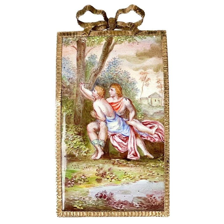 Continental Hand Painted Enamel Plaque in 14k Gold Pendant Frame, C