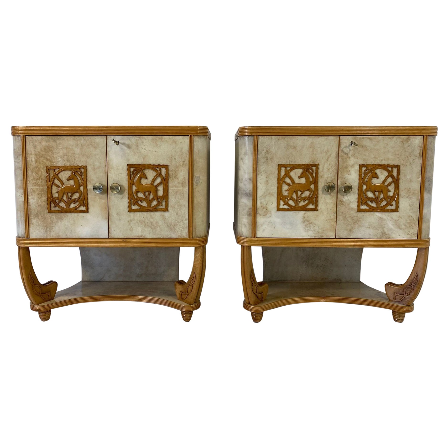 Pair of Italian Art Deco Parchment and Maple Twin Cabinets, 1930s Attr. to Colli