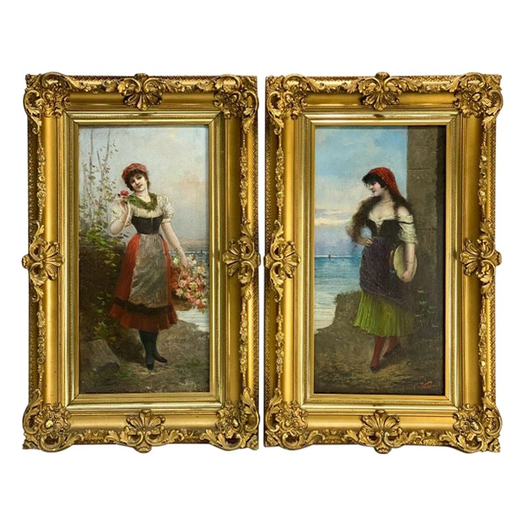 Pair of Carlo Valensi Oil on Canvas Paintings of Beauties Italian, 19th Century For Sale