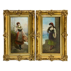 Antique Pair of Carlo Valensi Oil on Canvas Paintings of Beauties Italian, 19th Century