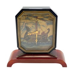 IMHOF for Cartier Art Deco Clock Hand Painted with Carnelian Base & Onyx Frame