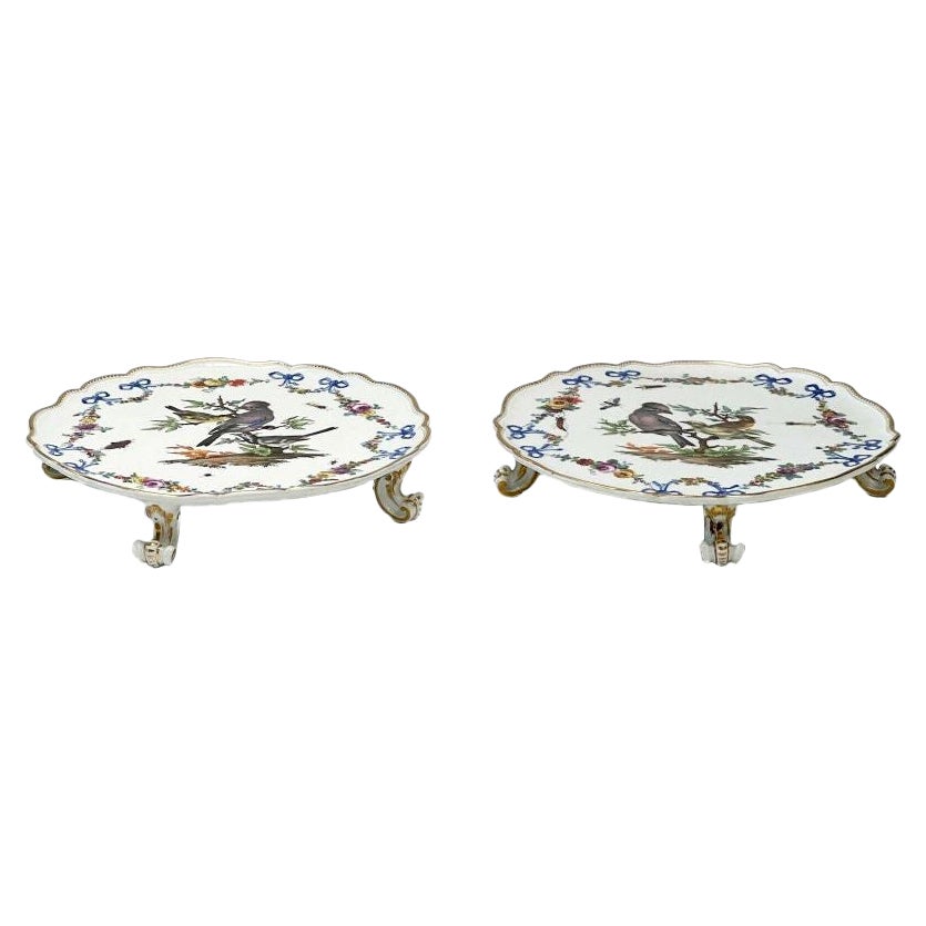 Pair of Meissen Marcoloni Ornithological Porcelain Footed Trays or Cake Plates For Sale