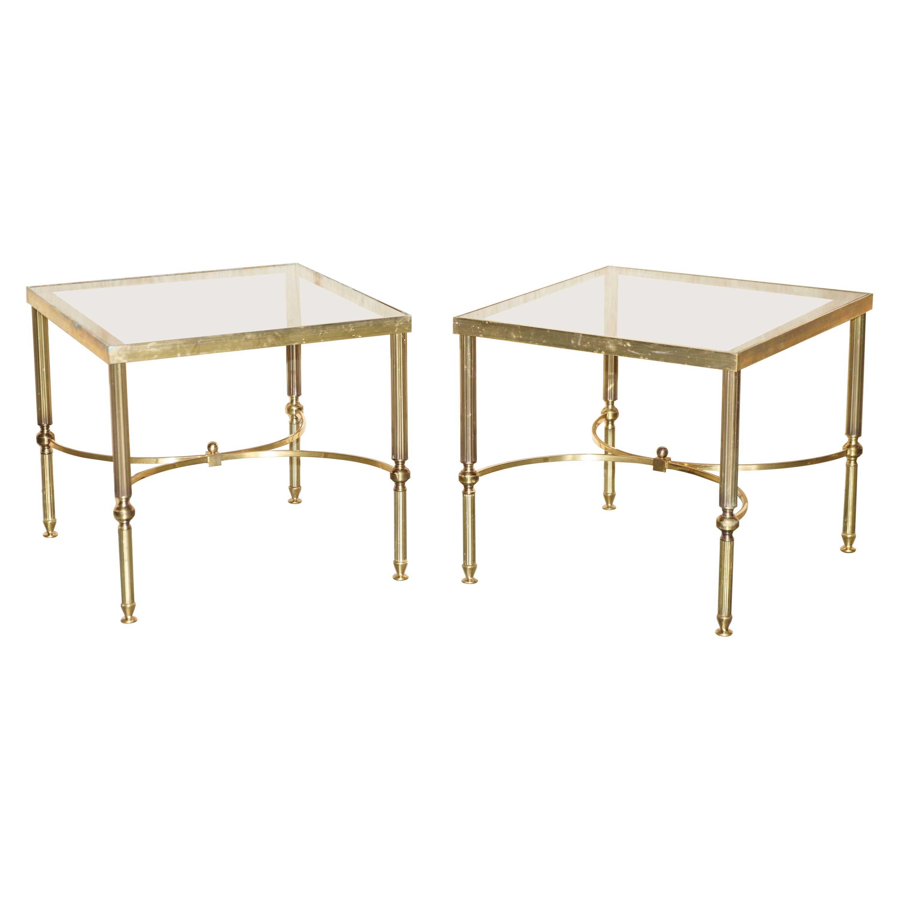 Pair of Mid-Century Maison Jansen Paris Circa 1950's Glass Brass Side End Tables For Sale