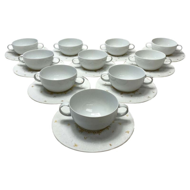 Set of 10 Rosenthal Magic Flute Papageno Gilt Porcelain Bouillon Cup and Saucers For Sale