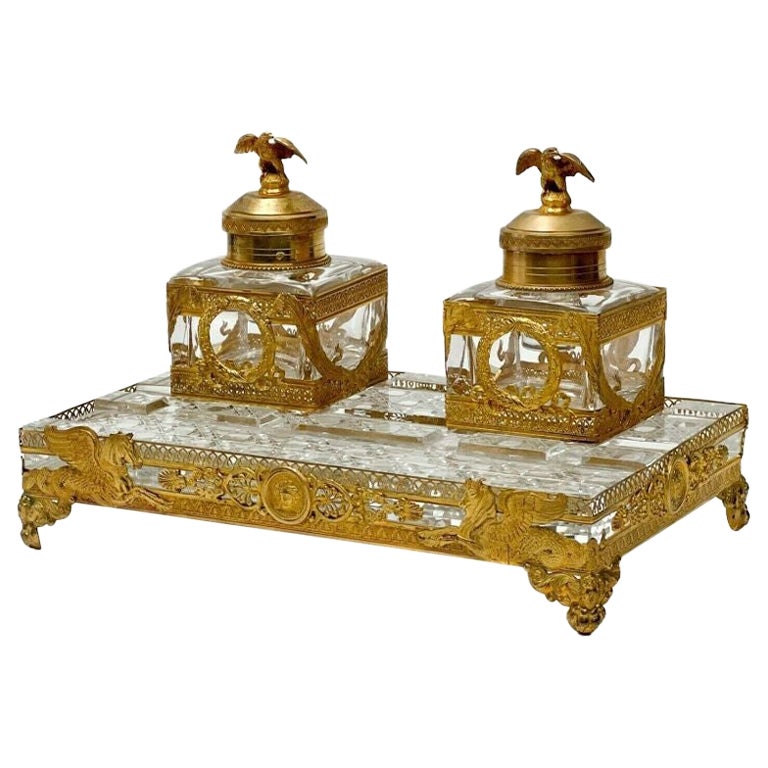 Falize French Gilt Silver & Cutglass Baccarat Dual Inkwells Eagle Finials, c1850 For Sale