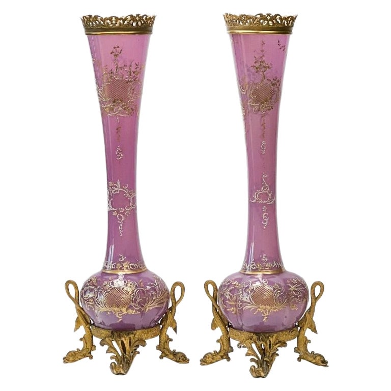 Pair of Bohemian Enamel Purple Glass & Gilt Bronze Mounted Vases, 19th Century For Sale