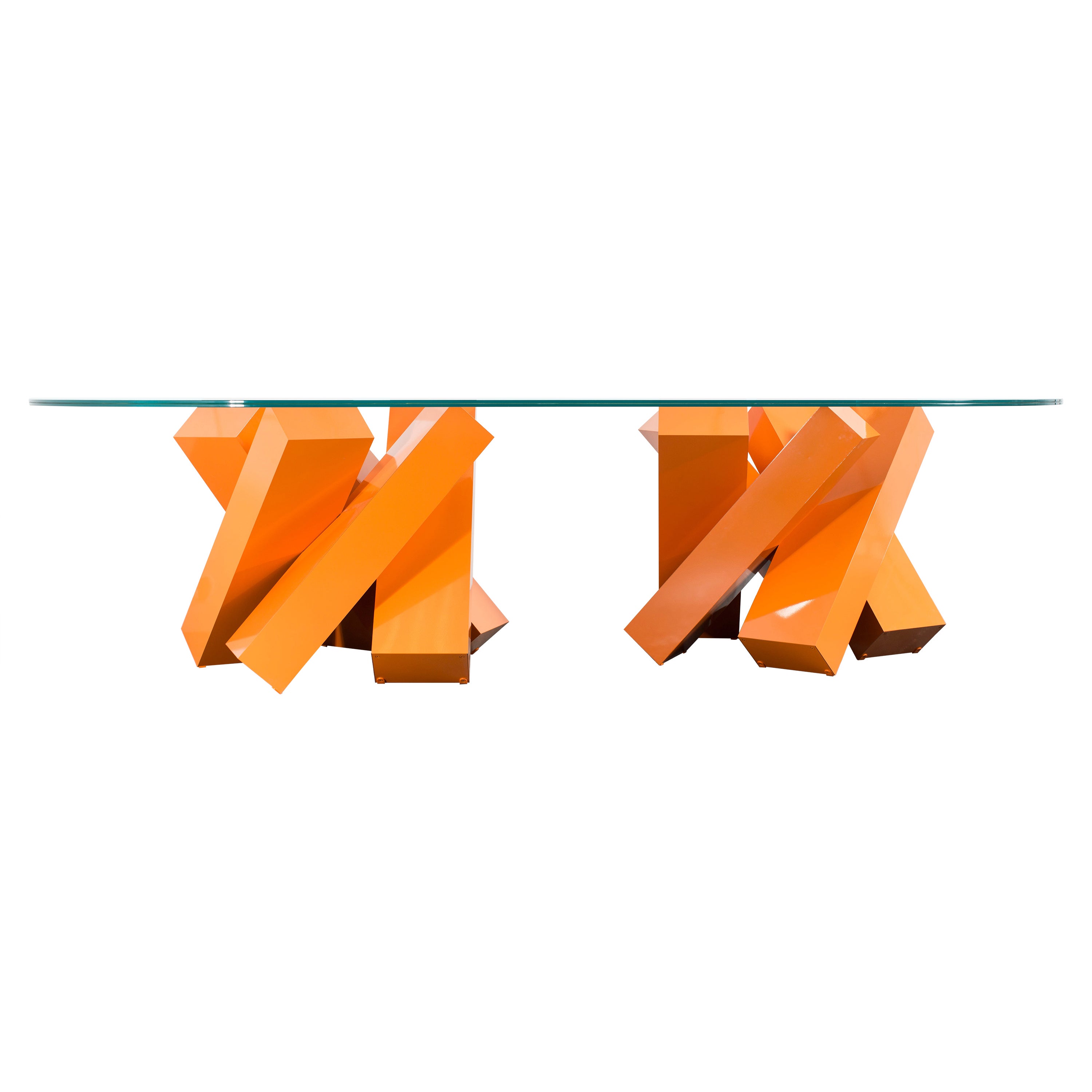 Modern Dining Table with Double Base Section in Futuristic Bright Orange