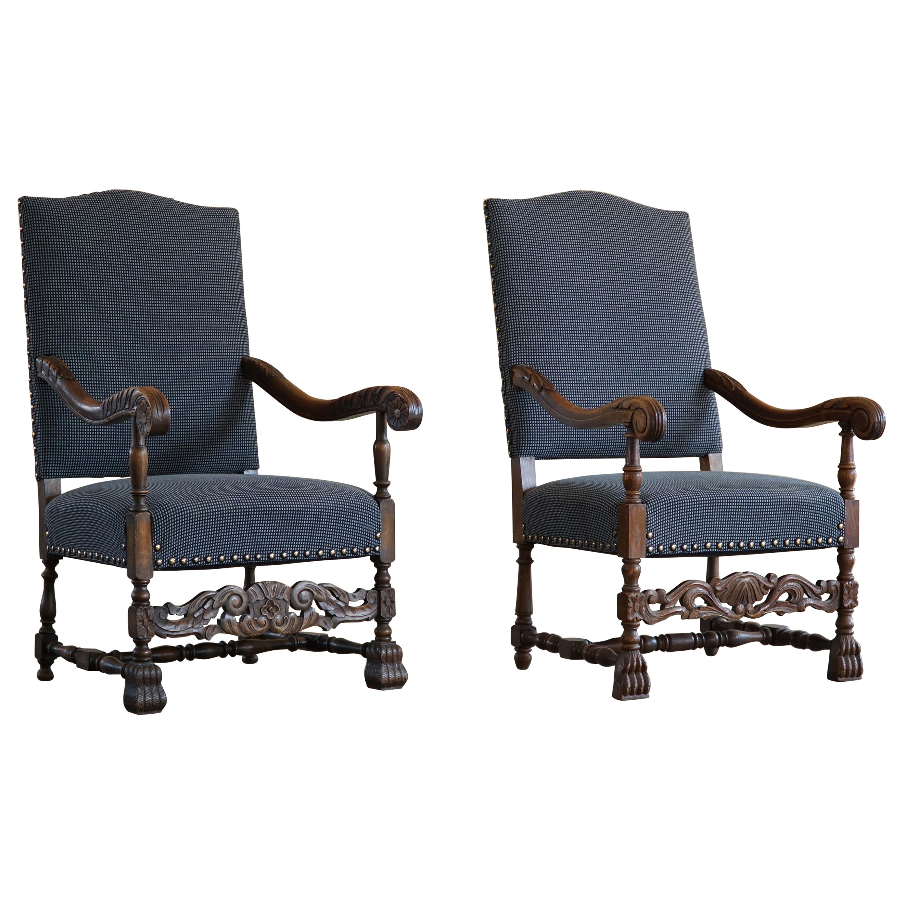 Antique Danish 19th Century Pair of Baroque Carved High Back Armchairs For Sale