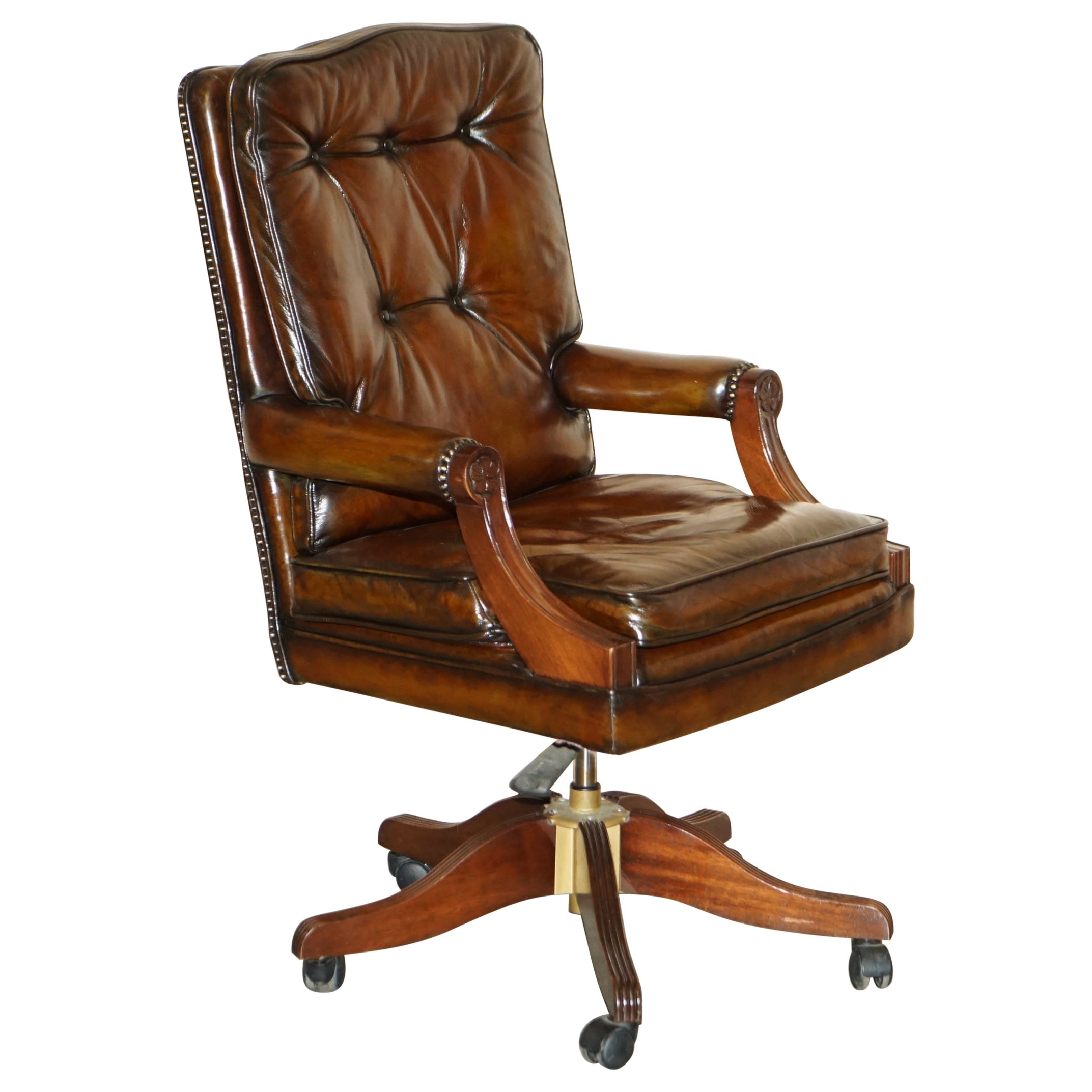 Comfortable Restored Hand Dyed Cigar Brown Leather Directors Captains Chair