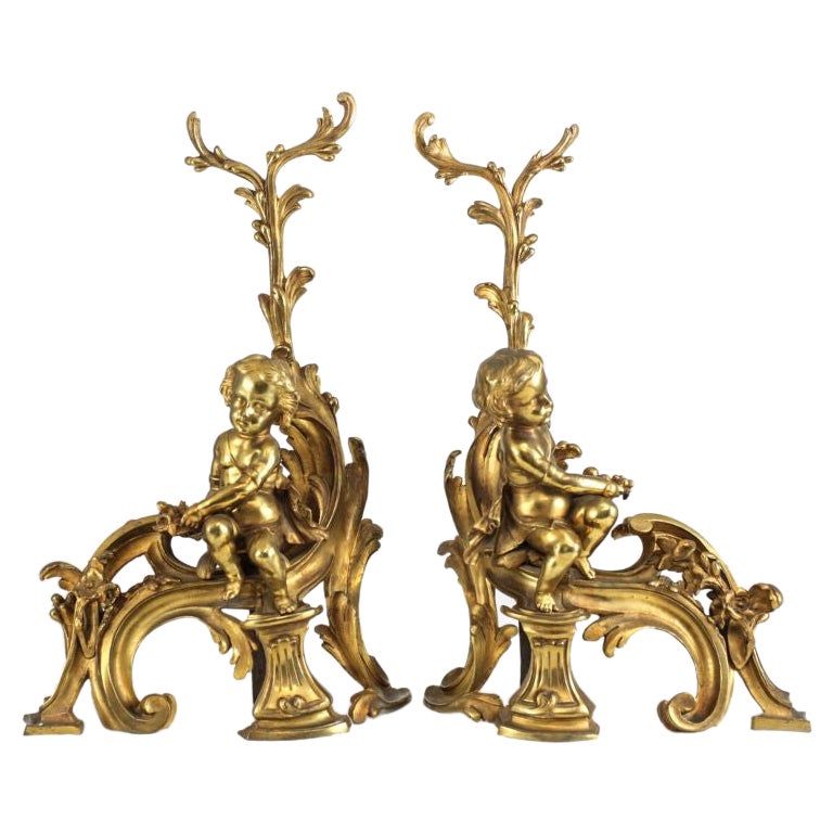 Pair of Continental Gilt Bronze Chenet Putti / Cherubs, Foliate Accents, c1900 For Sale