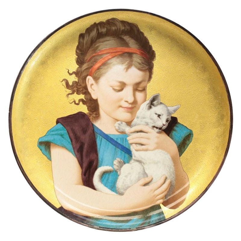 Großer Wandteller aus Minton-Porzellan von Herbert Wilson Foster, Mädchen mit Katze, 1880