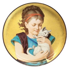 Large Minton Porcelain Wall Charger by Herbert Wilson Foster Girl with Cat, 1880