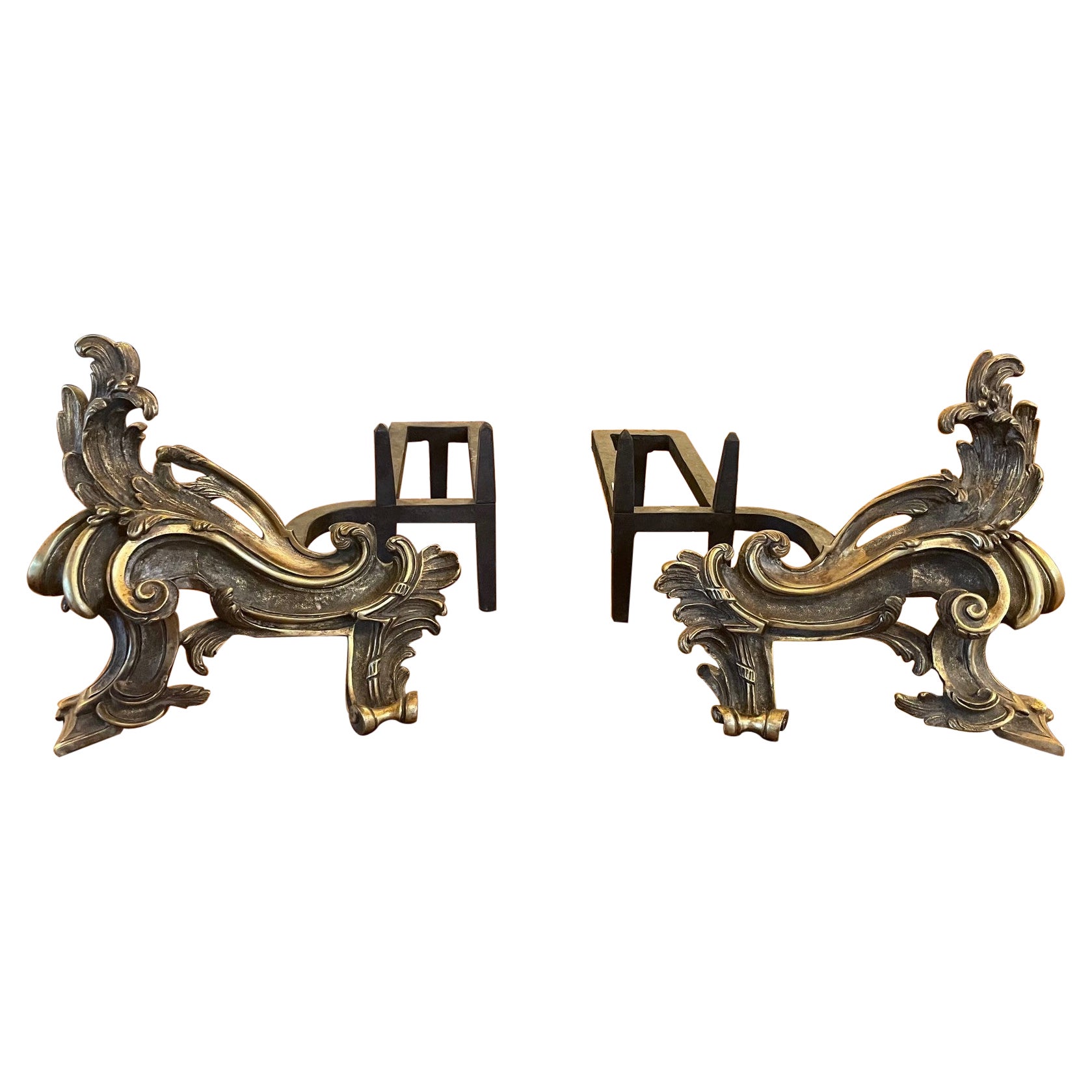 Pair of Andiron Louis XV in Bronze, 19th Century