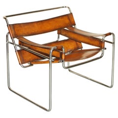 Restored Marcel Breuer for Fasem 1970s Wassily B3 Tan Brown Leather Armchair