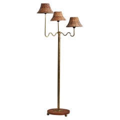 Swedish Designer, Floor Lamp, Brass, Wood, Rattan, Sweden, 1930s