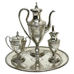 S. Kirk & Sons Sterling Silver Coffee Set Service Florals & Scrolls, circa 1900