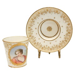 Antique Fine Sevres Porcelain Cup & Saucer w/ Portrait Goblet et Sou Coupe Enfonce, 1759