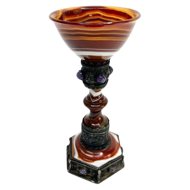 Carved Agate & Silver Mounted Goblet with Amethyst Cabochon Jewels, 19th Century