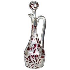 Antique Hand Blown Art Nouveau Silver Overlay Cranberry Red Crystal Decanter Claret
