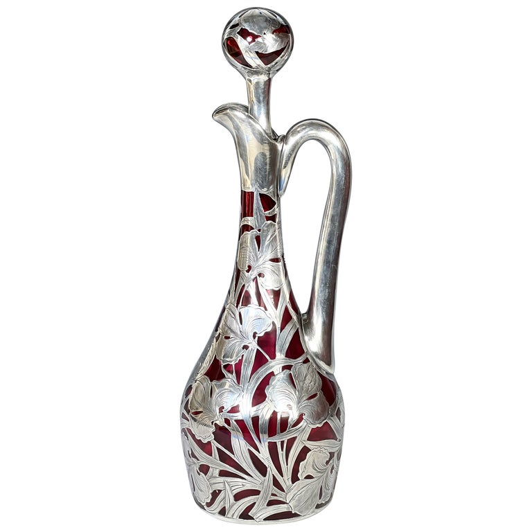 Hand Blown Art Nouveau Silver Overlay Cranberry Red Crystal Decanter Claret For Sale