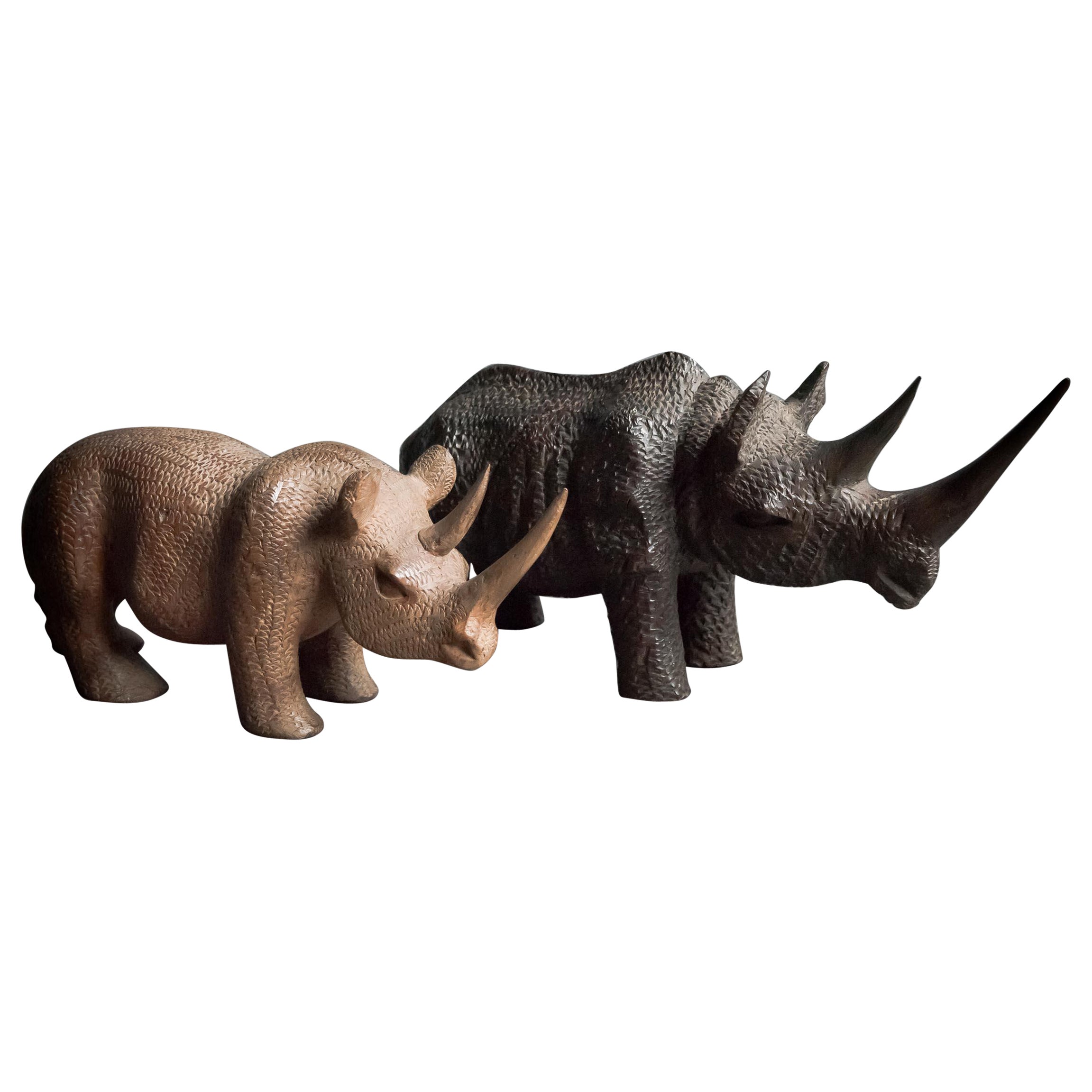 African Hand Carved Pair of Black and White Rhinos