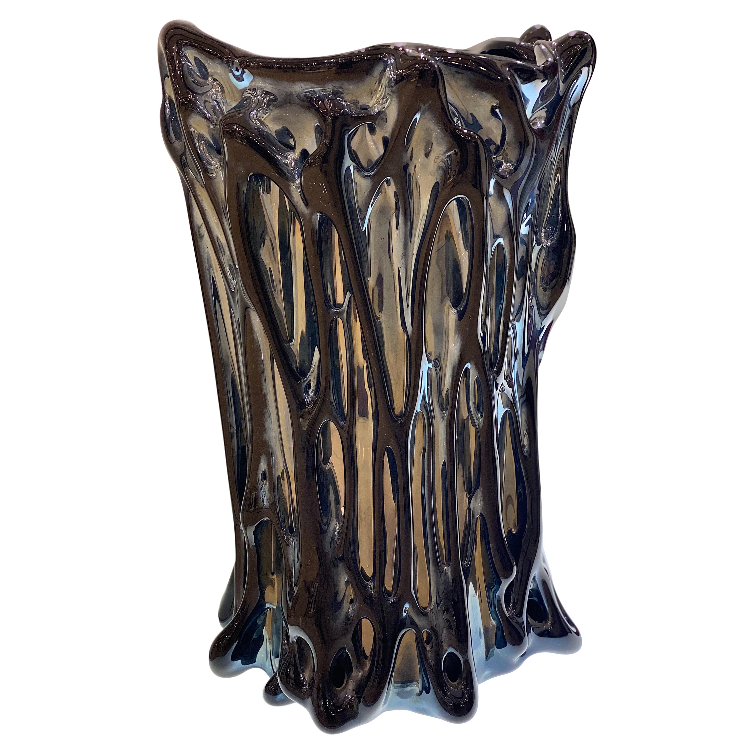 Elegant Black Iridescent Murano Glass Vase For Sale