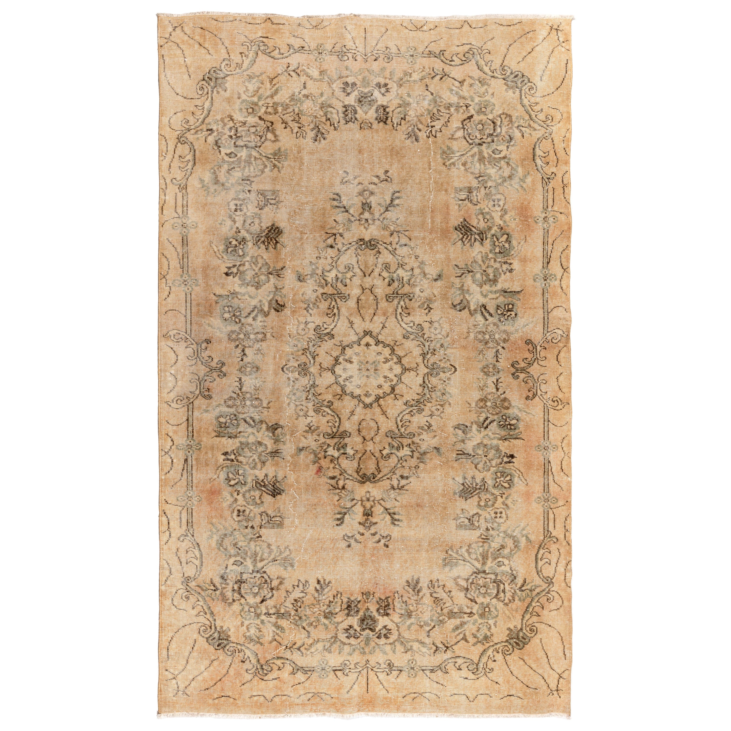 5.7x9 Ft Sun Faded Türkischer Teppich mit Medaillon-Design, Beige Handgefertigter Wollteppich im Angebot