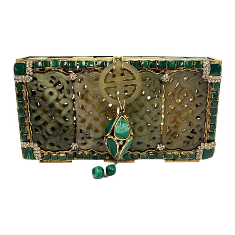 Iradj Moini Oriental Statement Clutch, Malachite Carved Jade and Faux Diamonds For Sale