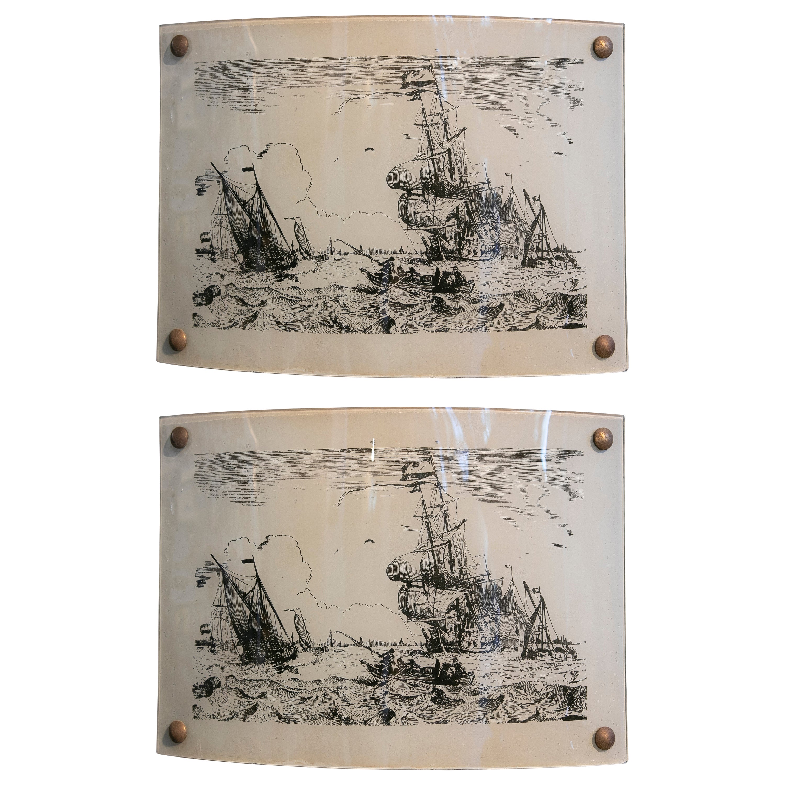 Pair of Crystal Sconces Decorated with Ship Painting For Sale