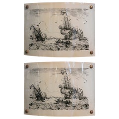 Pair of Crystal Sconces Decorated with Ship Painting