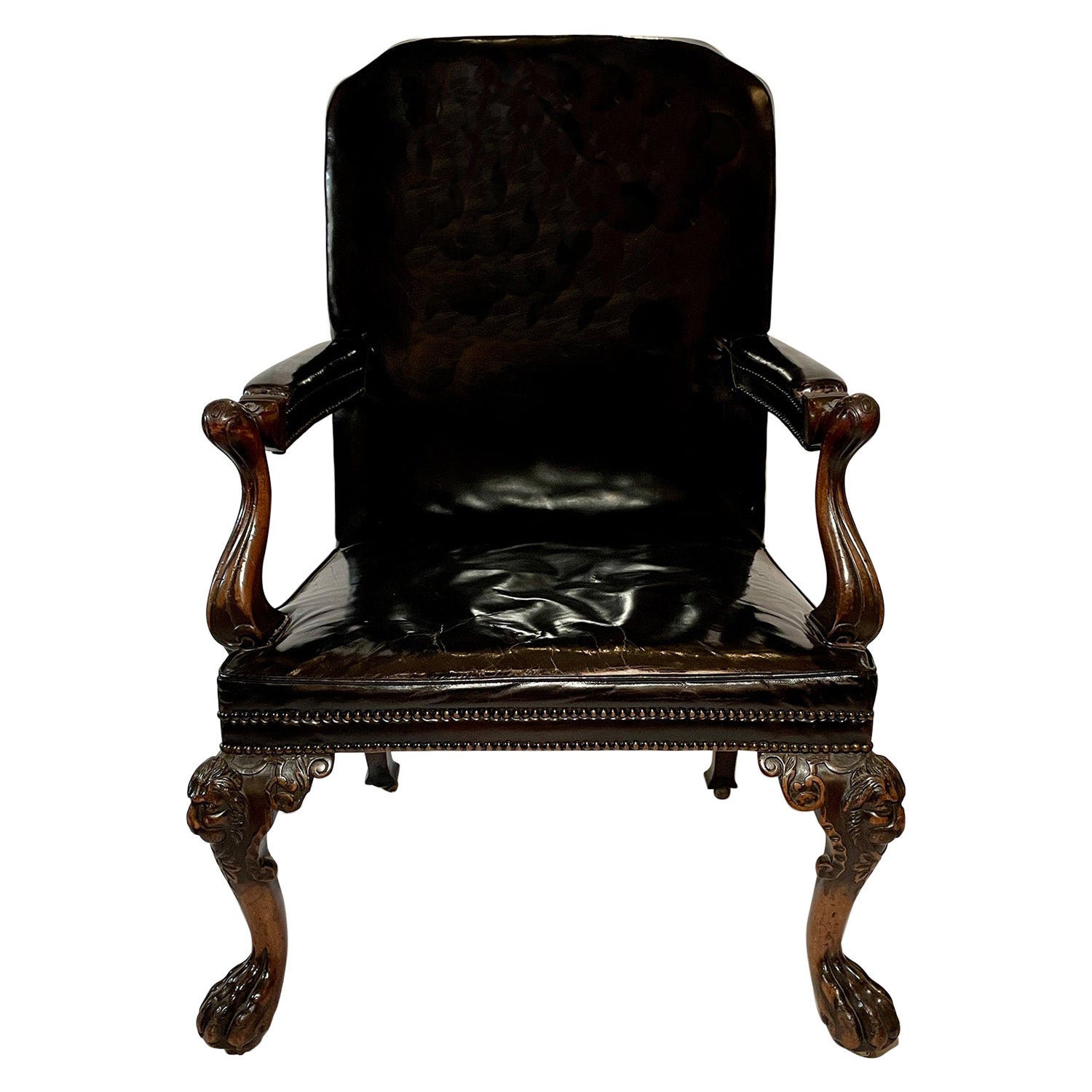 Antique Irish Chippendale Carved Armchair with Leather Upholstery, Circa 1840 For Sale