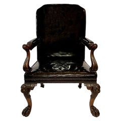 Antique Irish Chippendale Carved Armchair with Leather Upholstery, Circa 1840