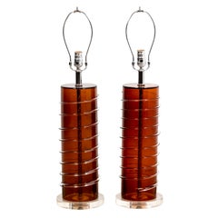 Pair of Modern Amber Glass Lamps