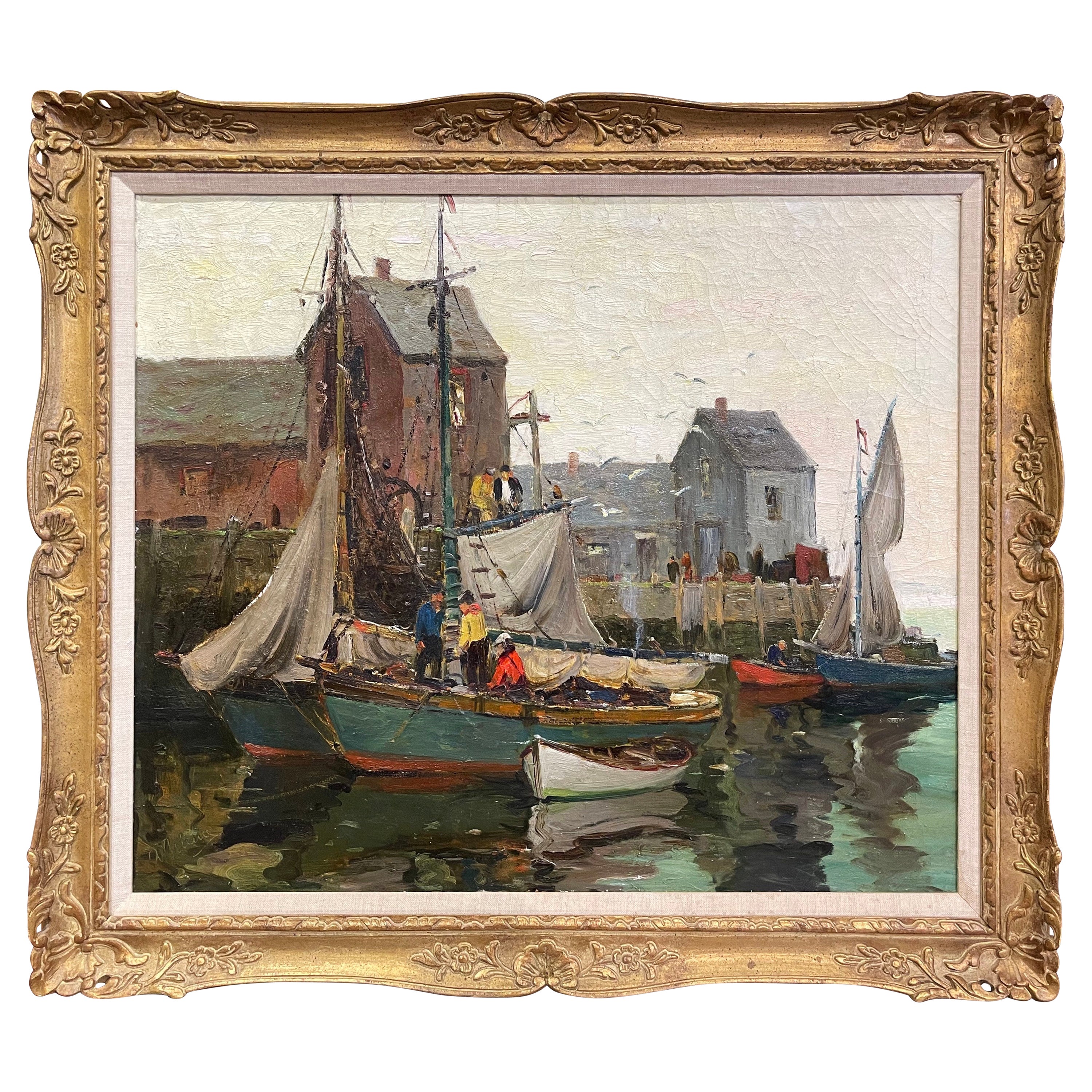 Peinture à l'huile sur toile encadrée du début du 20e siècle représentant des basses eaux, signée A. Thieme