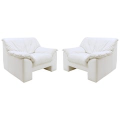 Pair Mid-Century Modern White Leather Armchairs, 1980s