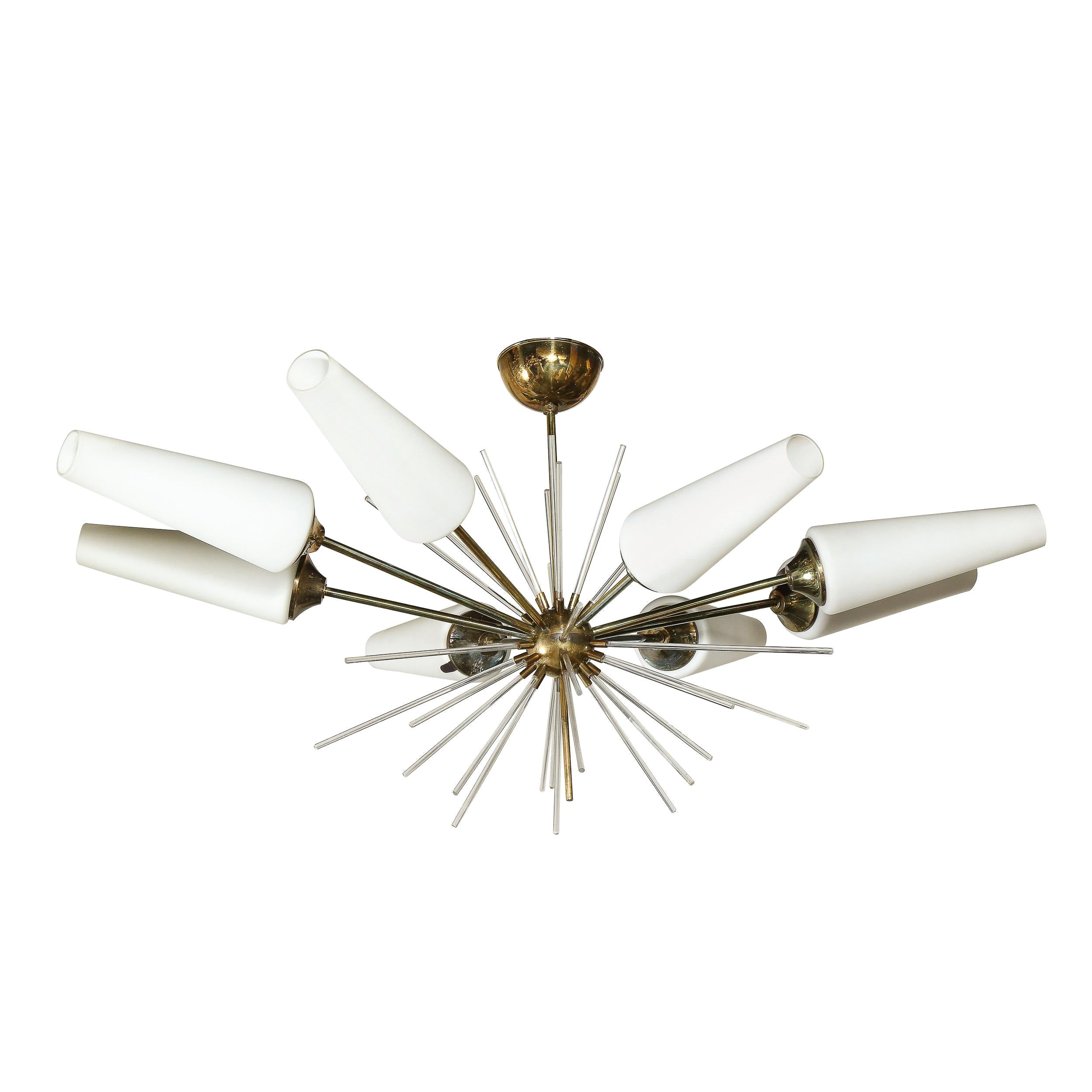 French Mid-Century Modern Brass & Frosted Glass Cylindral Sputnik Chandelier