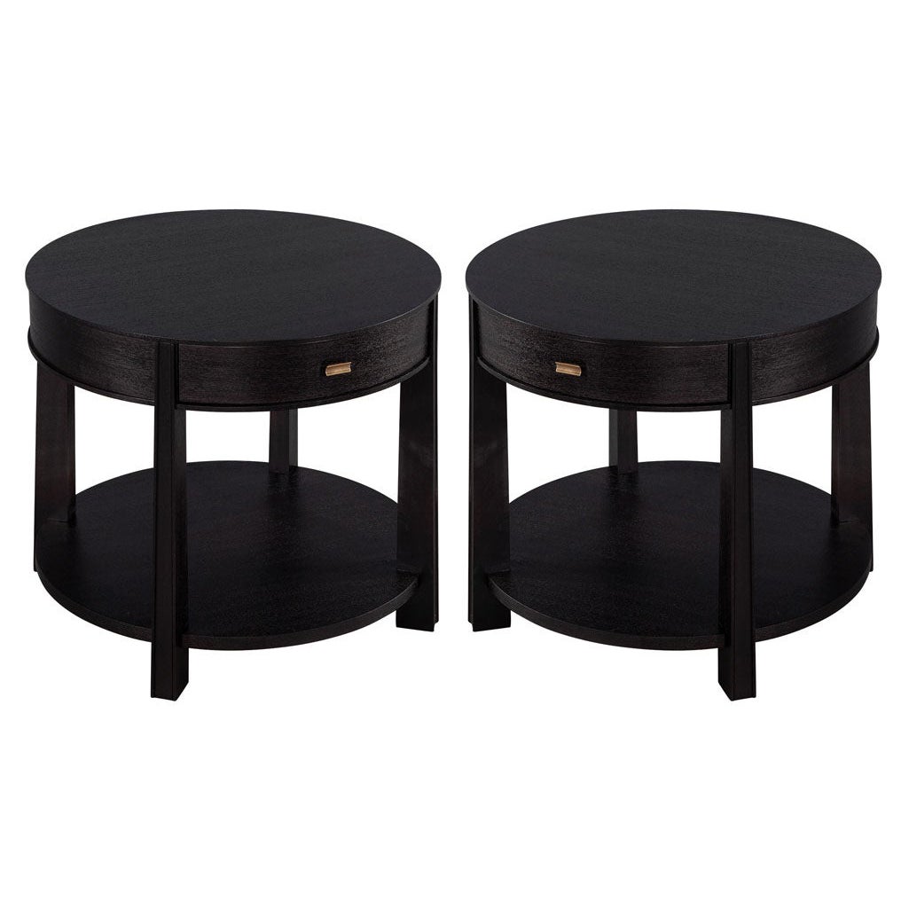 Pair of Round Black Nightstand Side Tables by Barbara Barry Baker Furniture