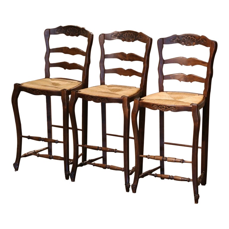 Set of Three Country French Ladder Back Bar Stools with Rush Seat from