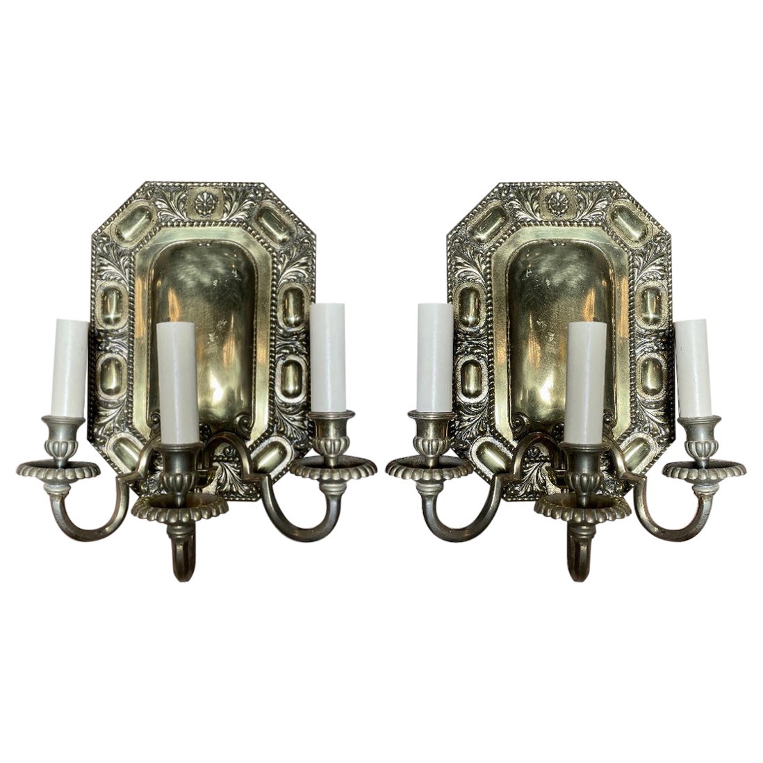 Pair Antique English Solid Brass 3, Light Wall Sconces, Circa 1910