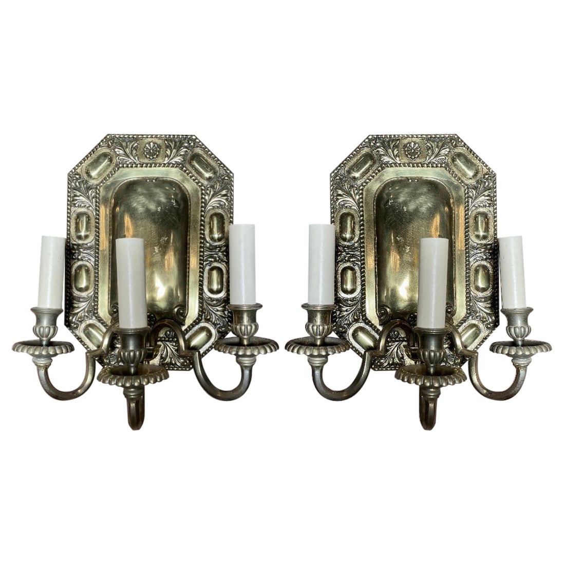 Pair Antique English Solid Brass 3, Light Wall Sconces, Circa 1910 For Sale
