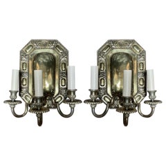 Pair Antique English Solid Brass 3, Light Wall Sconces, Circa 1910