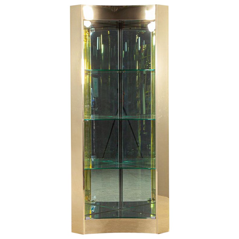 Mid-Century Modern Brass And Glass Corner Curio Display Cabinet