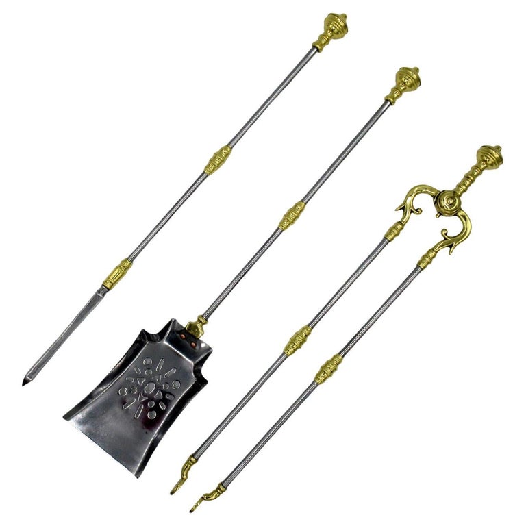 Set English Victorian Steel Brass Fireplace Fire Tools Irons Companion