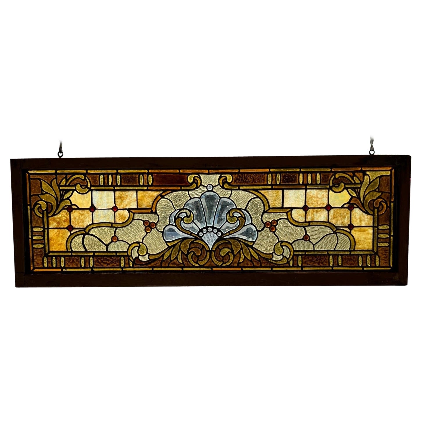 Antique Stained Glass Transom with Beveled Glass Center and Jewels